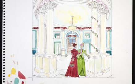 Sketch of two women in the NLI's front hall