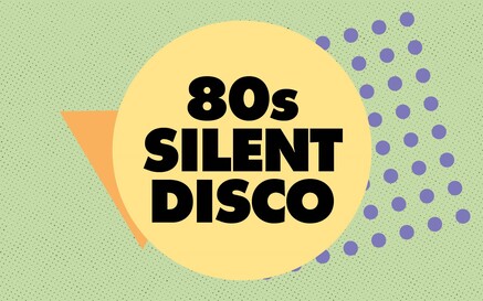 Graphic design with bold black text reading “80s Silent Disco” inside a large yellow circle. The background is light green with small dotted texture, featuring an orange triangle shape behind the circle on the left and a pattern of purple dots on the right, giving it a retro 1980s aesthetic.