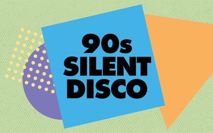 Retro-style graphic with bold black text reading “90s Silent Disco” centered on a tilted blue square. The background is light green with a subtle dotted texture, featuring a large orange triangle on the right and a purple semicircle with yellow dots on the left, creating a colorful 1990s-inspired design.