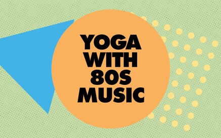 Graphic banner with bold black text reading “YOGA WITH 80S MUSIC” inside a large orange circle. The background is light green with a subtle dotted pattern, featuring a blue triangle on the left and yellow polka dots on the right in a retro 1980s-inspired design.