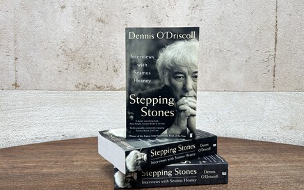 A stack of three books titled Stepping Stones: Interviews with Seamus Heaney by Dennis O’Driscoll sits on a wooden table against a textured, off-white wall, with one copy standing upright on top displaying a black-and-white portrait on the cover.