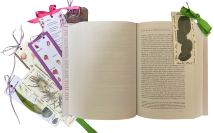 An open book lies flat with blank pages visible, surrounded by several decorative bookmarks. The bookmarks feature botanical illustrations, pressed flowers, and soft pastel designs, each tied with colorful ribbons in pink, purple, and green. One bookmark is tucked into the book, while others fan out to the side, creating a delicate, floral-themed arrangement.
