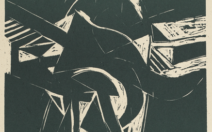  Linoleum block illustration printed in dark green ink by Dimitri Hadzi on sheet and signed by him underneath image.