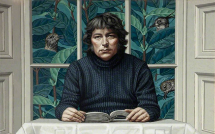 A stylized, realistic painting of a young Seamus Heaney with short dark hair seated at a small table covered with a white tablecloth. He wears a dark ribbed sweater and looks straight ahead with a serious, neutral expression. His hands rest on an open book. Behind him, a window reveals dense green foliage with several birds partially hidden among the leaves. The scene is quiet and introspective, rendered in muted tones with fine, detailed textures.