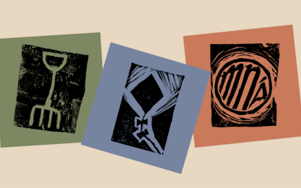 “Three abstract black-and-white print-style illustrations arranged side by side on muted colored rectangles against a beige background: a garden fork on olive green, a kite shape on dusty blue, and a circular design of the word 'Mná' on terracotta.”