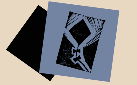 Abstract black-and-blue print featuring a stylized kite shape on a tilted square on a beige background.