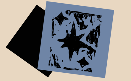 Abstract image of overlapping tilted squares with scattered black star-like shapes and splattered textures on a beige background.