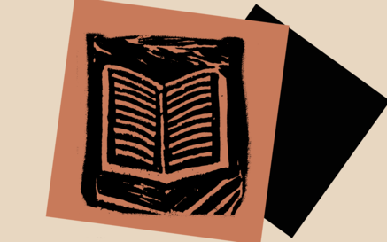 “Abstract black-and-terracotta print of an open book centered on layered tilted rectangles against a beige background, with textured carved lines suggesting pages and surrounding shadows.”