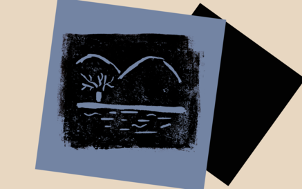 Abstract black-and-blue print of a minimalist landscape with curved hills, a small tree, and rippling water, layered on tilted rectangles against a beige background.