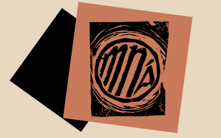 An abstract, layered graphic featuring a bold circular emblem encircling the word “mná” over dark textured imagery and tilted geometric shapes.