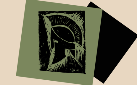 Abstract black-and-olive print resembling a stylized Greek helmet, with curved crest-like lines and sharp feathered details inside a tilted rectangular frame on a beige background.