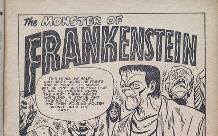 A black and white page from comic the Monster of Frankenstein, featuring Frankenstein's monster with speaking to fellow monsters.