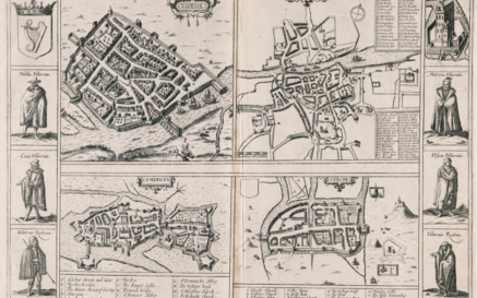 An engraving showing town plans of Dublin, Cork, Limerick and Galway in Ireland.