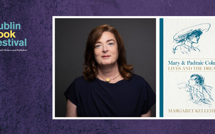Logo of the Dublin Book Fest, alongside photo of the author and book cover