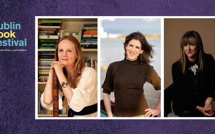 Dublin Book Festival logo, alongside photos of the 3 authors